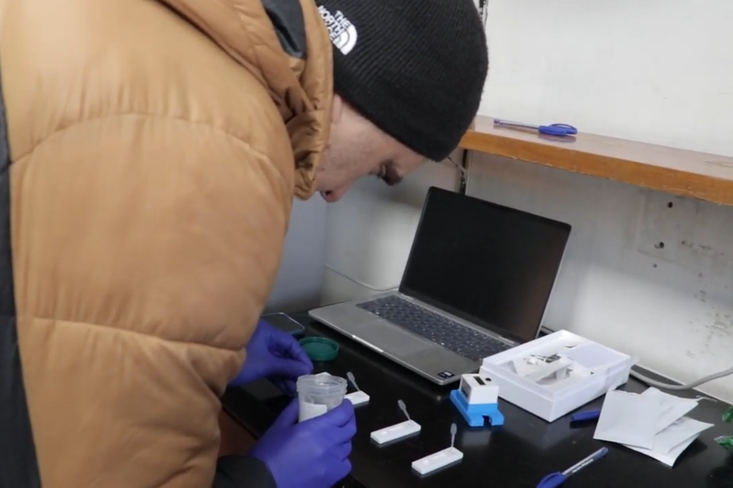 Researcher carrying out a point-of-care urine test in the Cerro de Pasco field laboratory